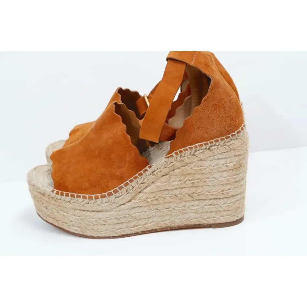 Chloe Lauren Scalloped Suede Espadrille Wedge Sandals 38 Tan Chestnut Platforms